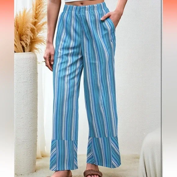 Cicy Bell Striped Palazzo Blue and Green mid raise wide leg trousers - Picture 3 of 8